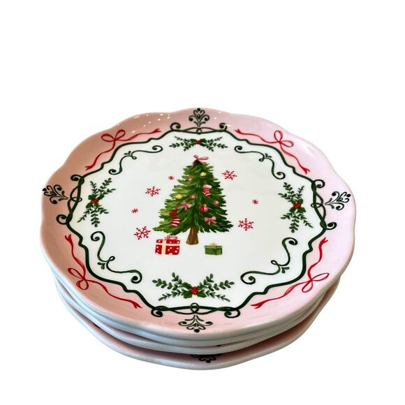 4 Potter's Studio CHRISTMAS TREE PINK Salad Plates 9in Ceramic Bows Holiday New - Picture 5 of 16